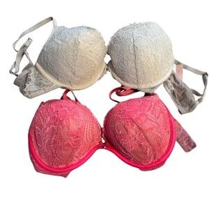 TWO PINK Victoria's Secret Push-Up Bra Womens 34C Coral Hot Pink Underwire
